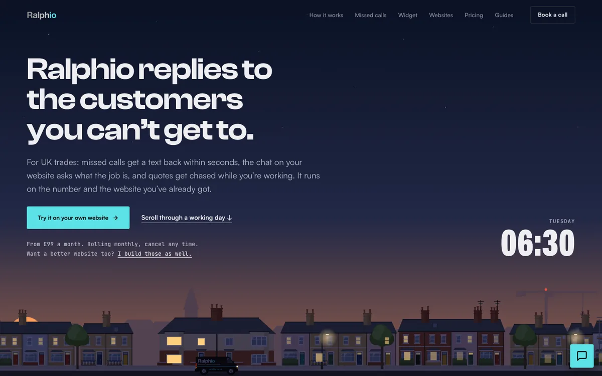 The ralphio.co.uk homepage: a night time street of houses under the headline Ralphio replies to the customers you can't get to.